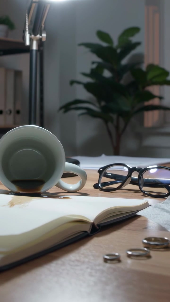 Vertical video: Camera zooming, pale green mug tipping on home desk, spilling notebook and glasses