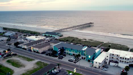 Aerial-orbit-of-pier-at-kure-beach-nc,-north-carolina