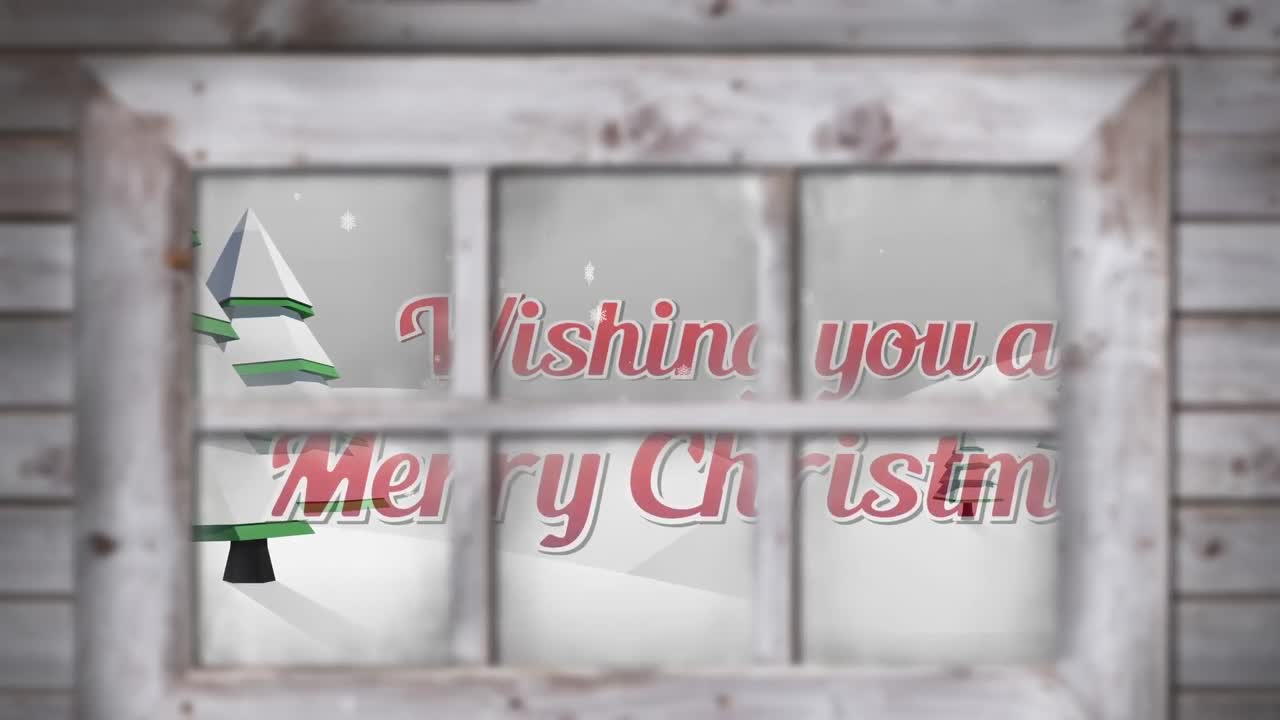 창문 을 통해 볼 수 있는 겨울 풍경 에서 크리스마스 인사 를  ⁇ 고 있는 눈 의 애니메이션