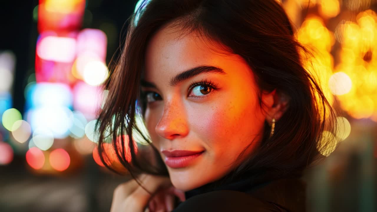 Captivating Portrait of a Young Woman in Urban Nightscape with Vivid Bokeh Background, Highlighting Her Expressive Features and Warm Smile in a City Environment