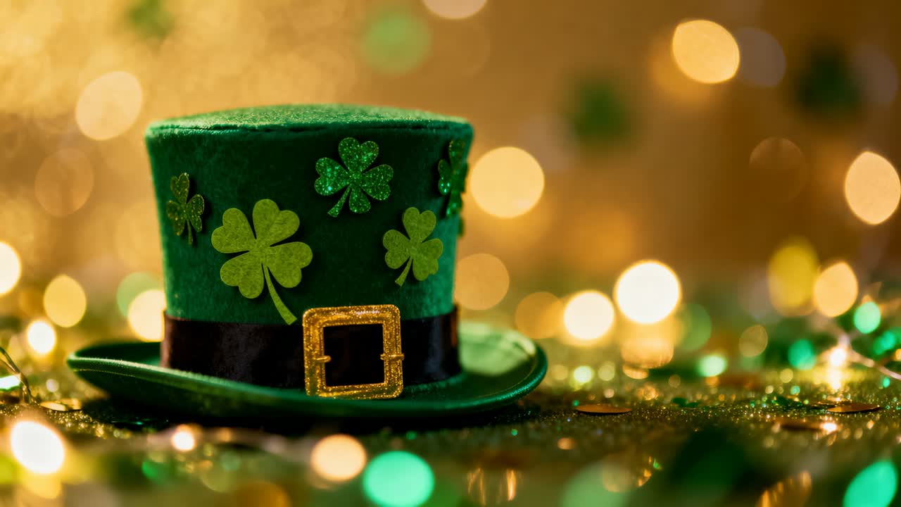 Camera tightening, focusing green hat on studio tabletop, revealing shamrocks and gold buckle