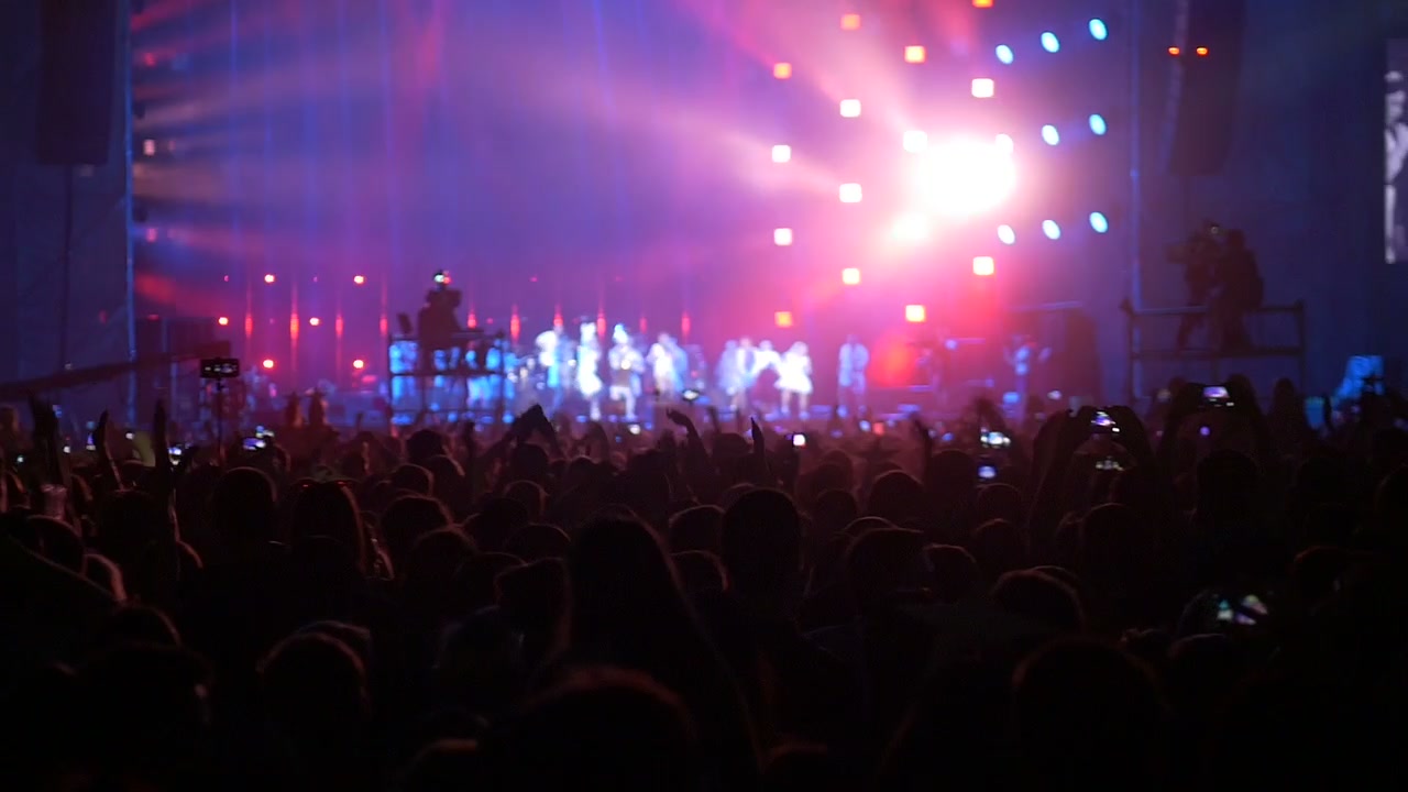 Grande folla che si gode un concerto di musica dal vivo con luci del palco brillanti
