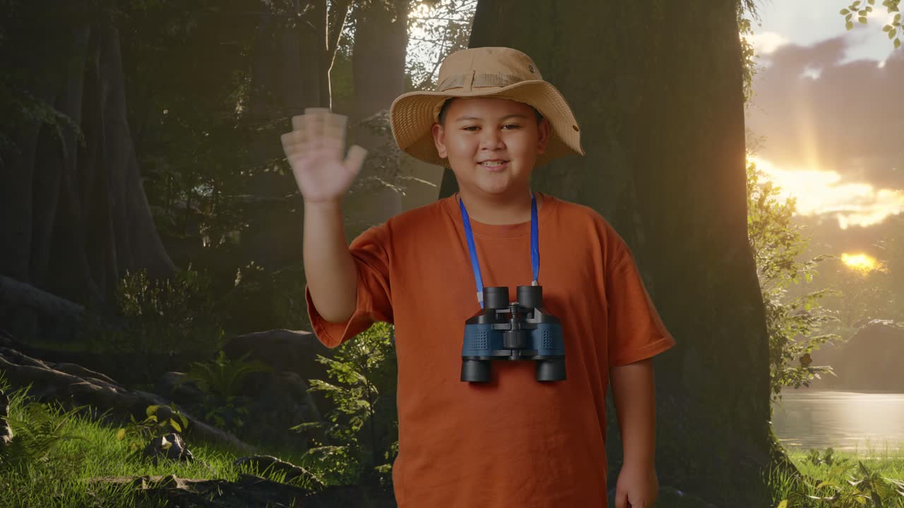 niño asiático con sombrero y binoculares sonriendo a la cámara y agitando la mano mientras explora la naturaleza forestal. niño investigador examina algo, concepto de aventura de turismo de viaje