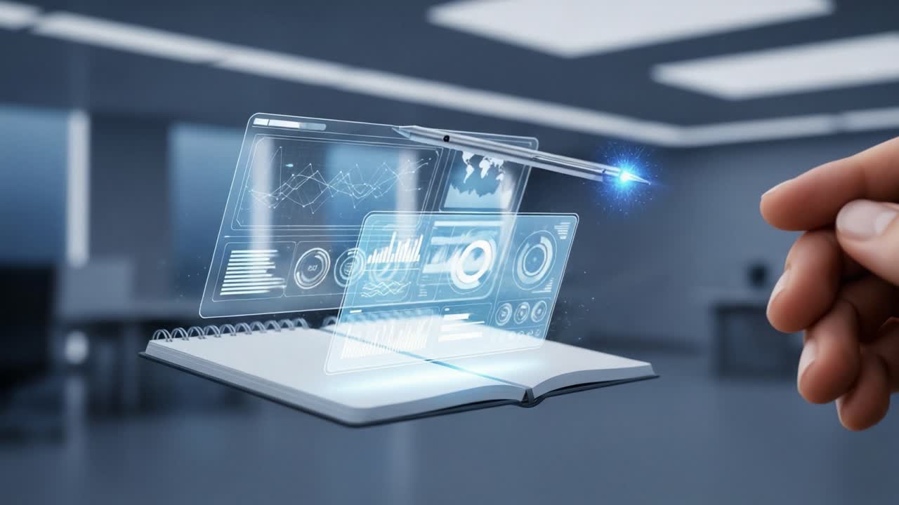 Futuristic Digital Interface Emerging from an Open Book with Interactive Data Visualizations and Holographic Technology in a Modern Workspace