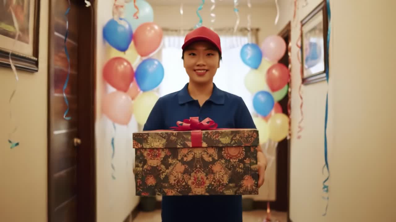 A cheerful individual dressed in blue and a red cap walks through a decorated hallway, carrying a wrapped gift with a bow. Colorful balloons and streamers create a festive atmosphere.