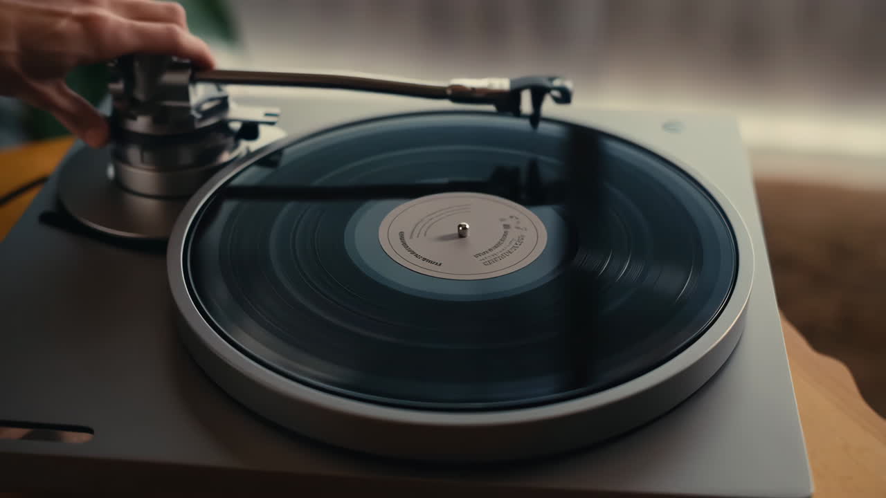 Hands operating a turntable with a vinyl record