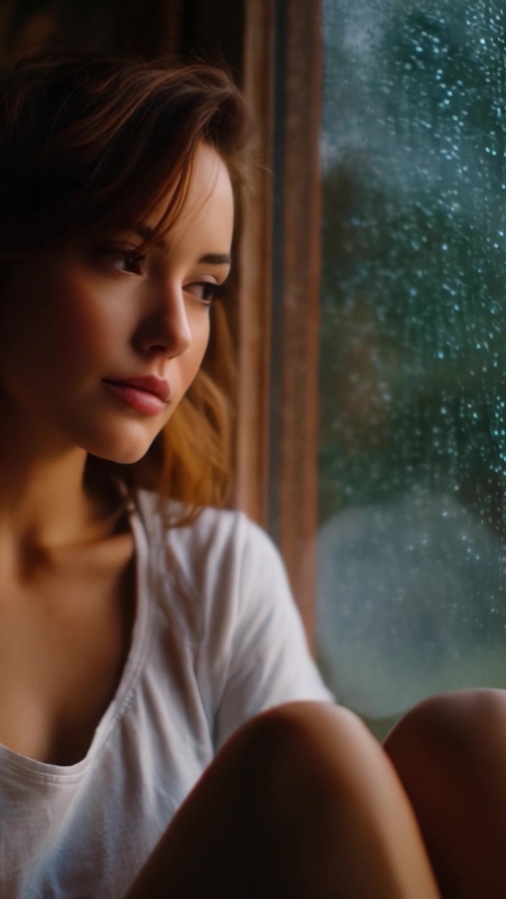 Un momento contemplativo accanto alla finestra, che mostra una giovane donna persa nei pensieri, con gocce di pioggia che cadono delicatamente, creando un'atmosfera intima e riflessiva.