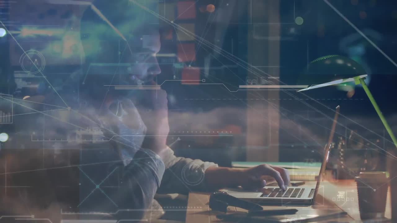 노트북을 사용하여 사람 위의 연결 네트워크의 지구의 애니메이션