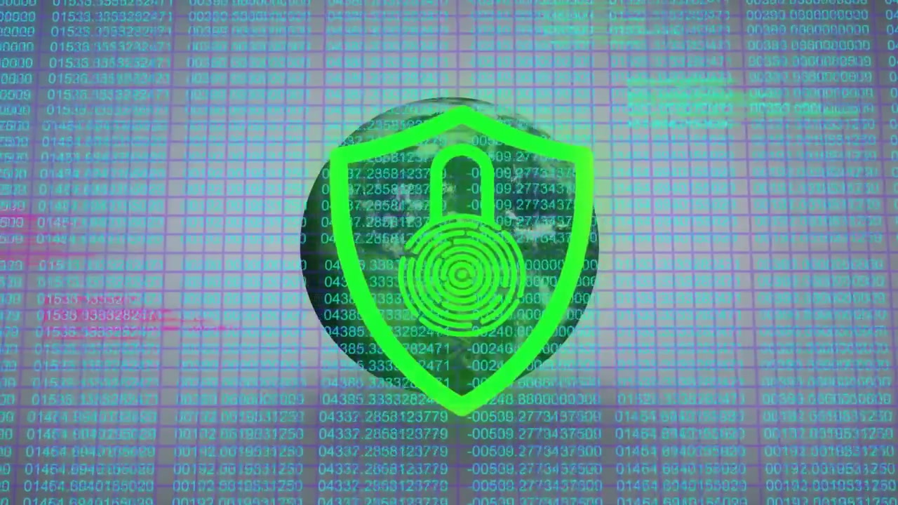 Fading shield lock icon on globe code grid pulsing scanner shifting outline into green for security