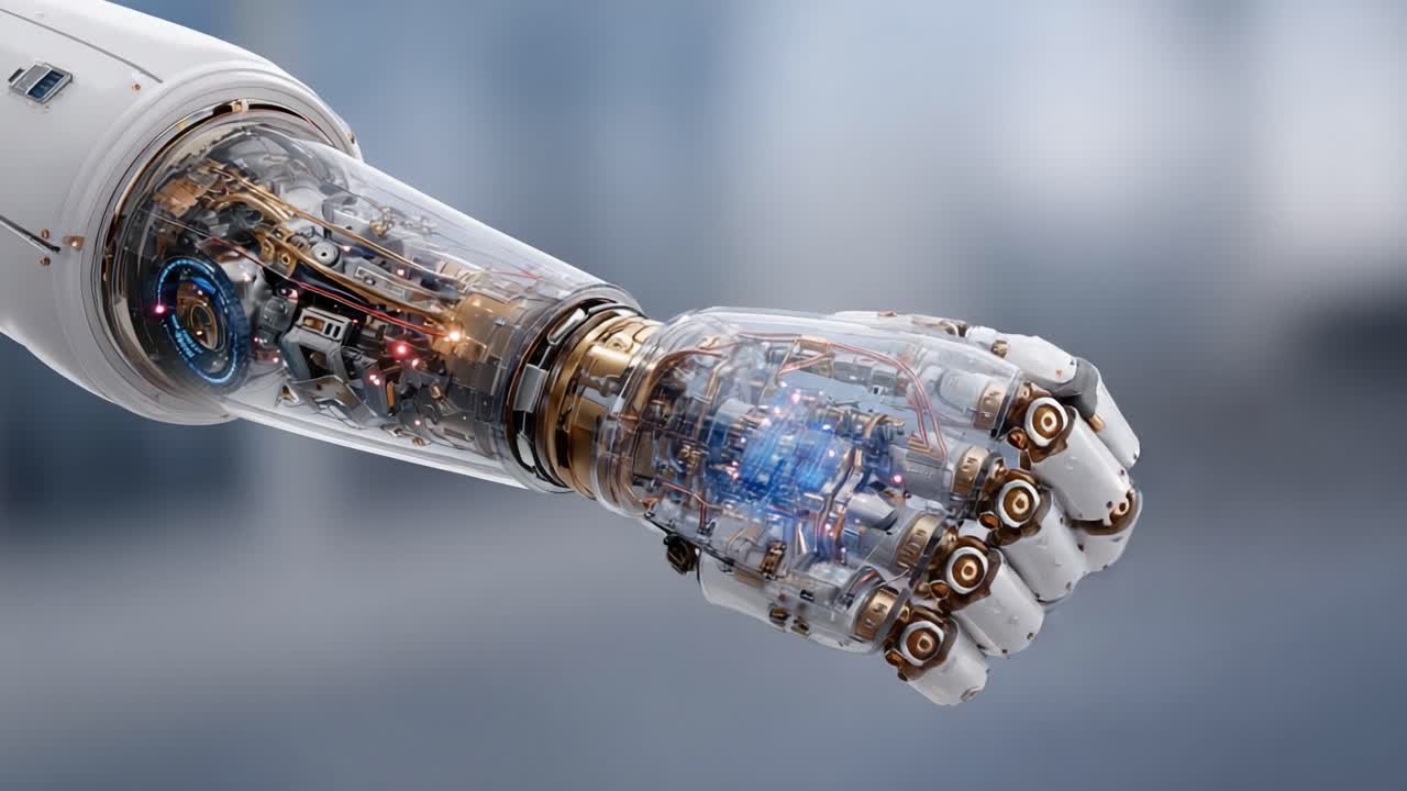 Un esame dettagliato di un braccio robotico avanzato con meccanismi complessi e tecnologia futuristica, che ne mostra il complesso funzionamento interno e il design