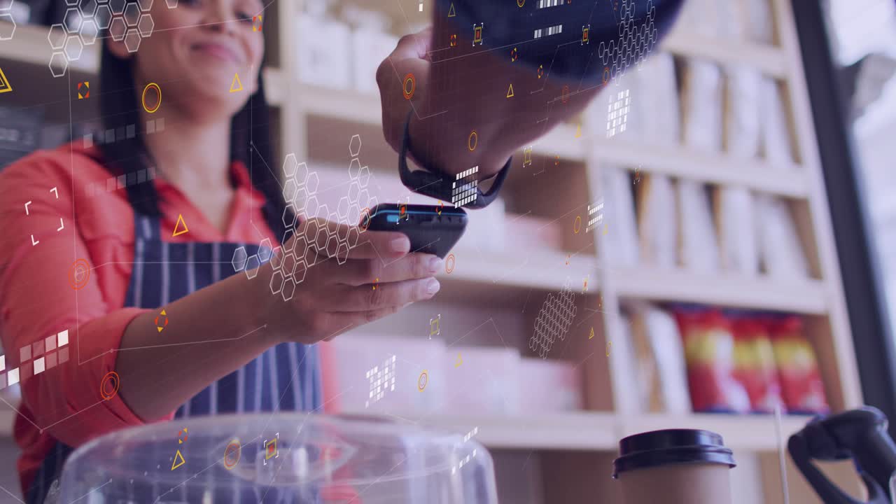 Woman giving coffee cup as buyer tapping watch phone processing payment while AR overlays appearing