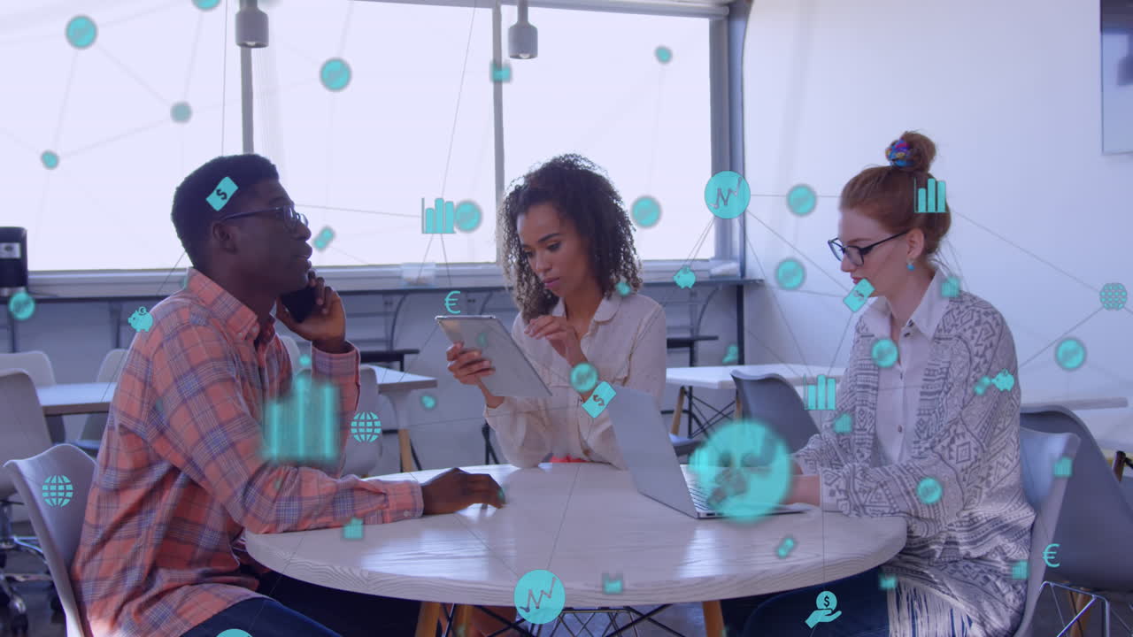 Animation of network of connections over diverse business people in office