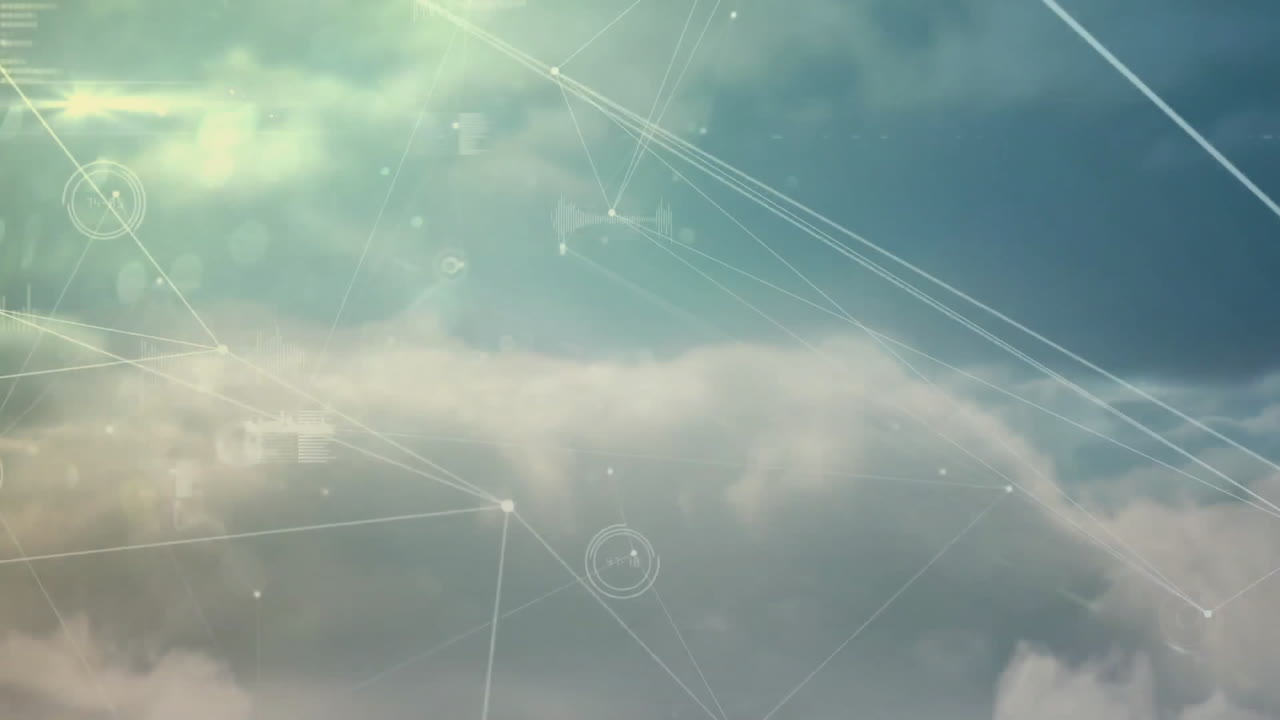 Network connections and data processing animation over clouds in sky