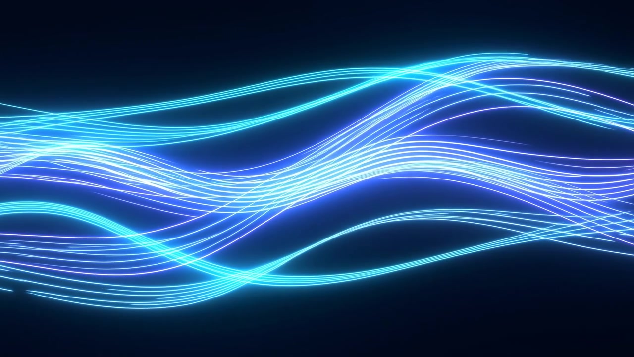 Soft Blue Waves Pulse Across Screen, Glowing Neon Lines And Smooth Undulating Motion, Hightech Audio