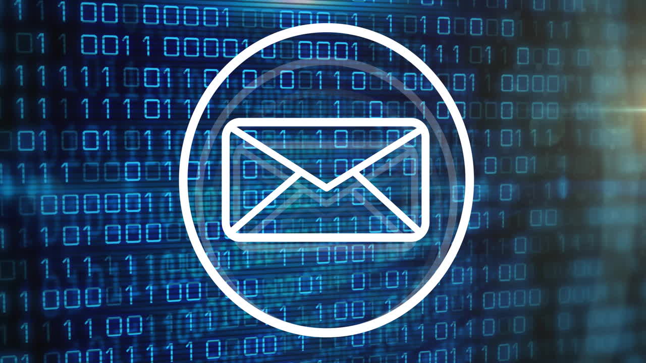 Animation of binary coding digital data processing over email icon