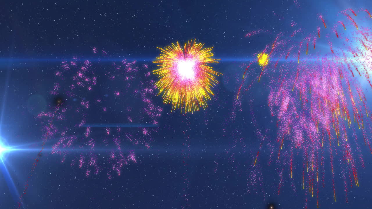 Animation of exploding fireworks and glowing light trails moving over blue background