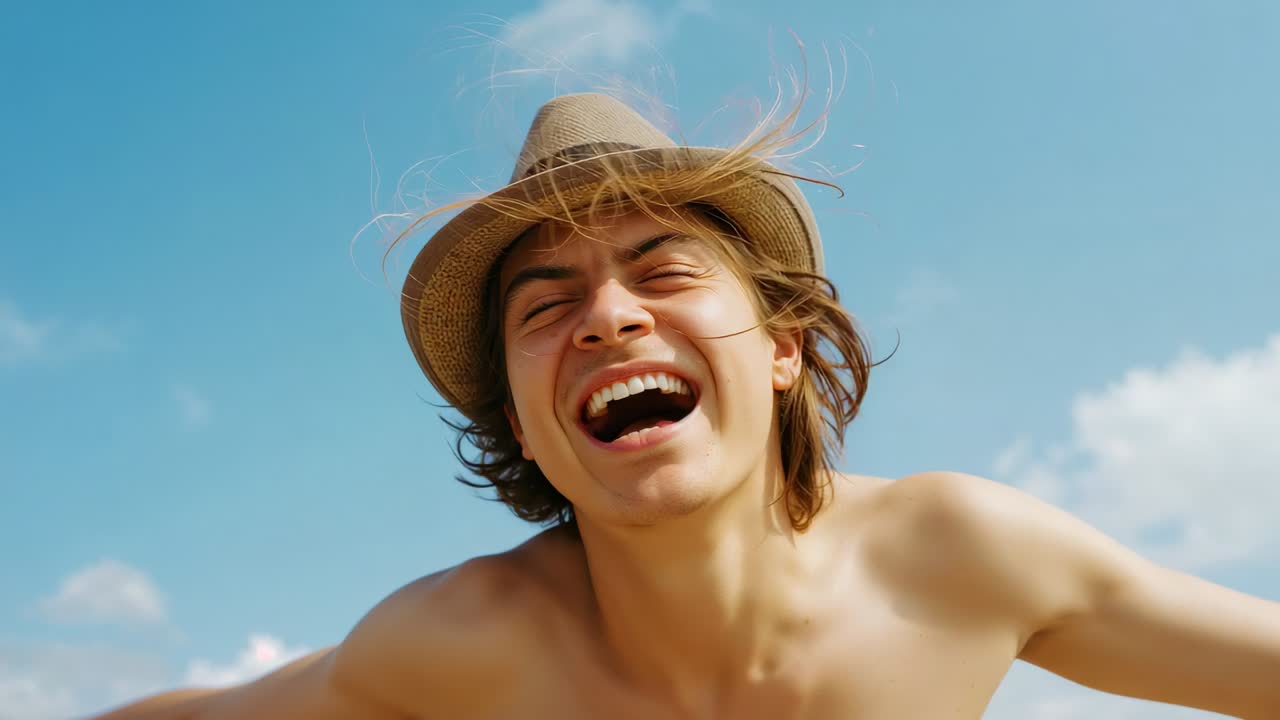Uomo a torso nudo che ride mentre reagisce alla luce intensa del sole e alla brezza sotto un cielo azzurro, con indosso un fedora di paglia