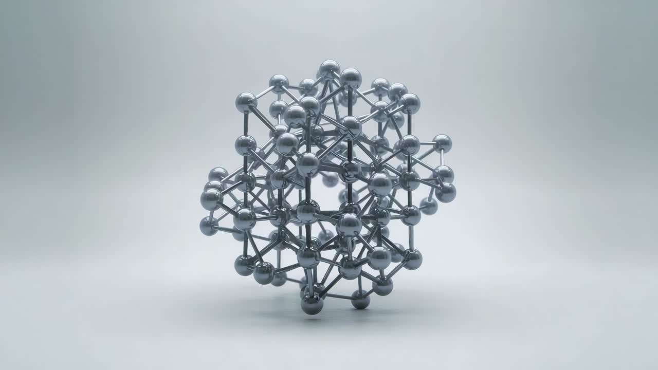 Playing frames, metallic lattice sculpture rotating in studio, revealing chrome nodes and shadow
