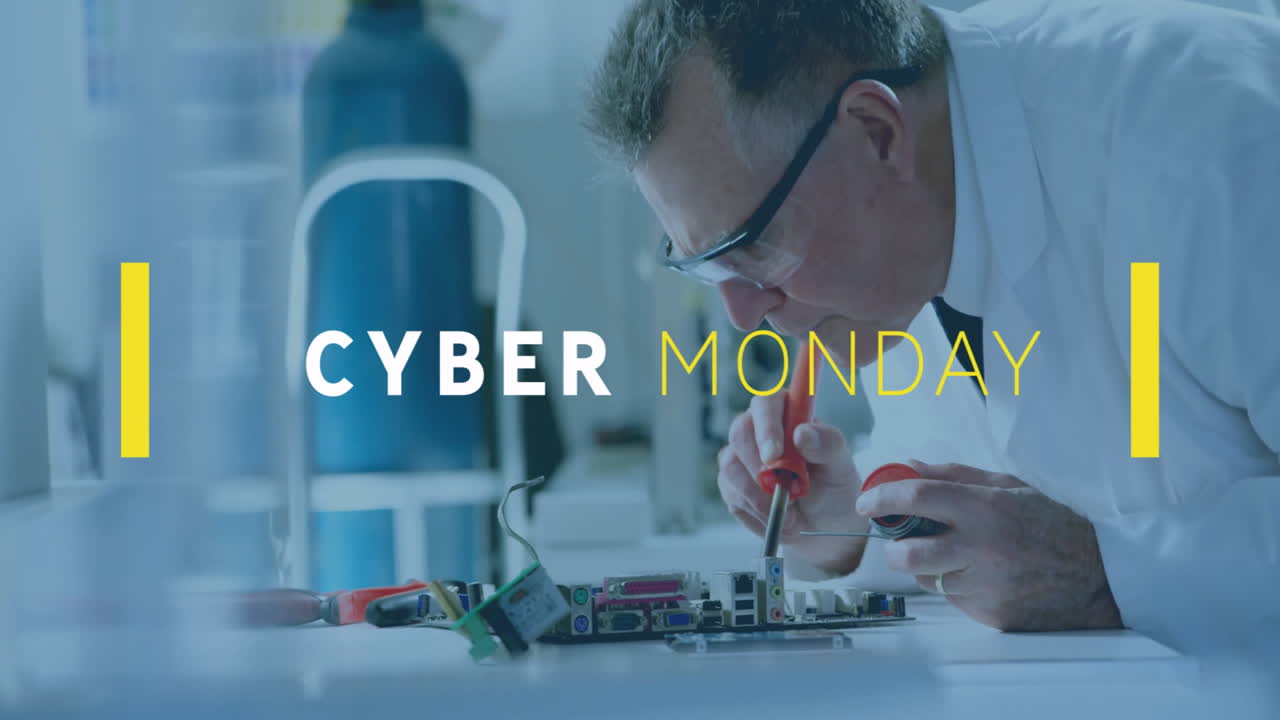 Working on electronics, man in lab coat with Cyber Monday animation