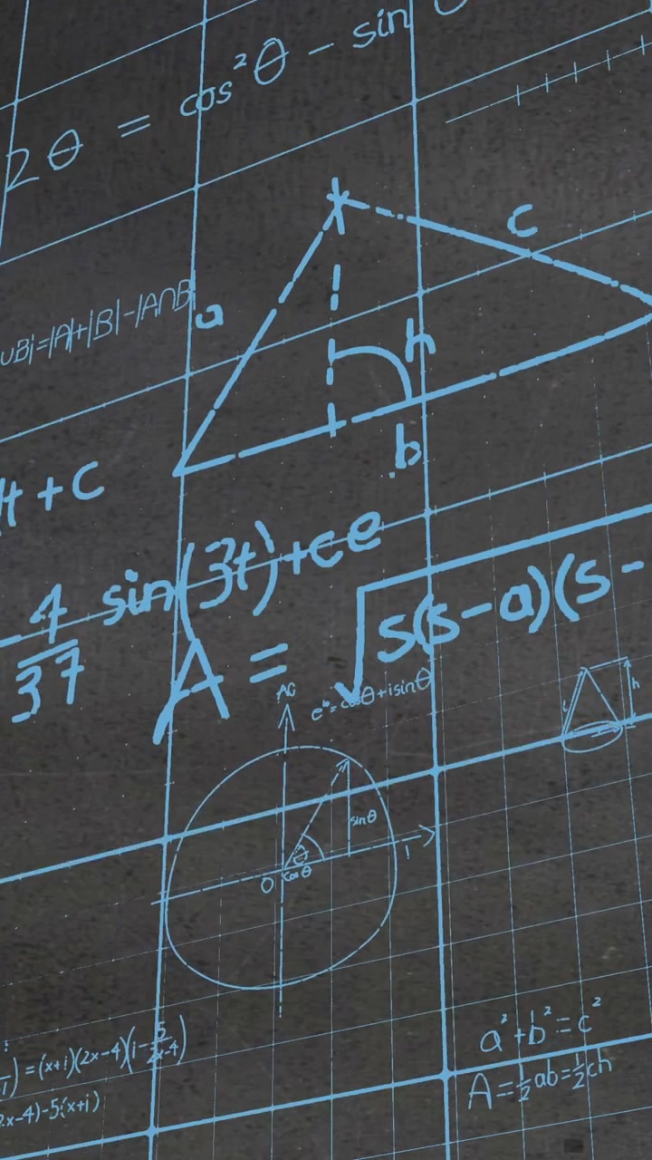 Animation of mathematical equations and formulas over grid network against textured grey background