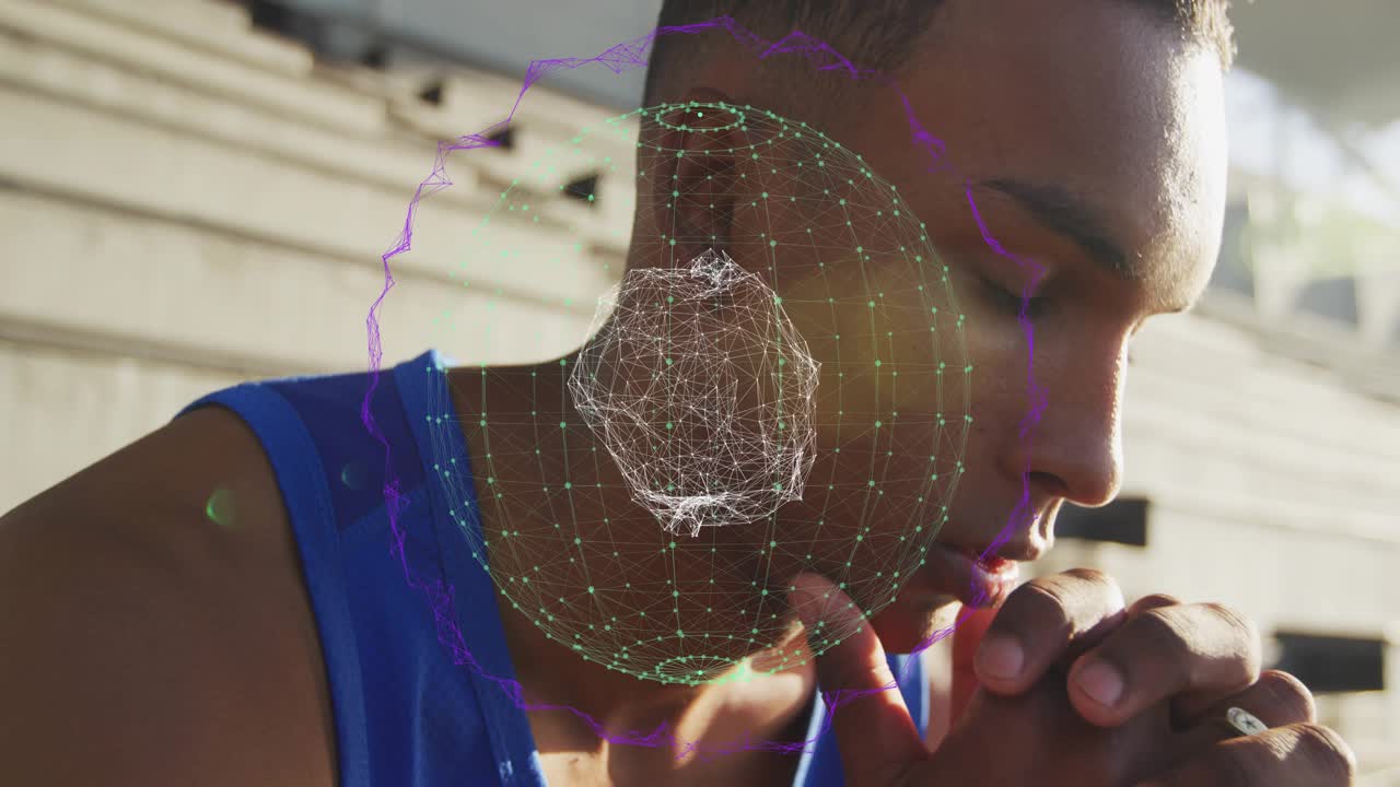 Male athlete leaning on bleachers with rotating overlay pulsing around head tracking biometrics