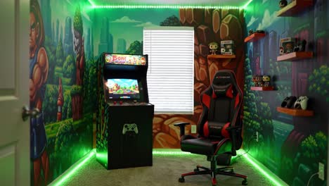 a retro gaming sanctuary with vibrant decor, featuring an arcade machine and modern gaming chair in a cozy, colorful room setting