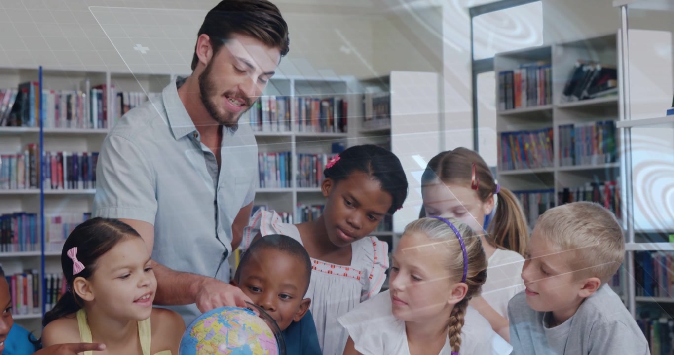 Vertical video: Leaning teacher in short shirt pointing at globe in library teaching kids maps