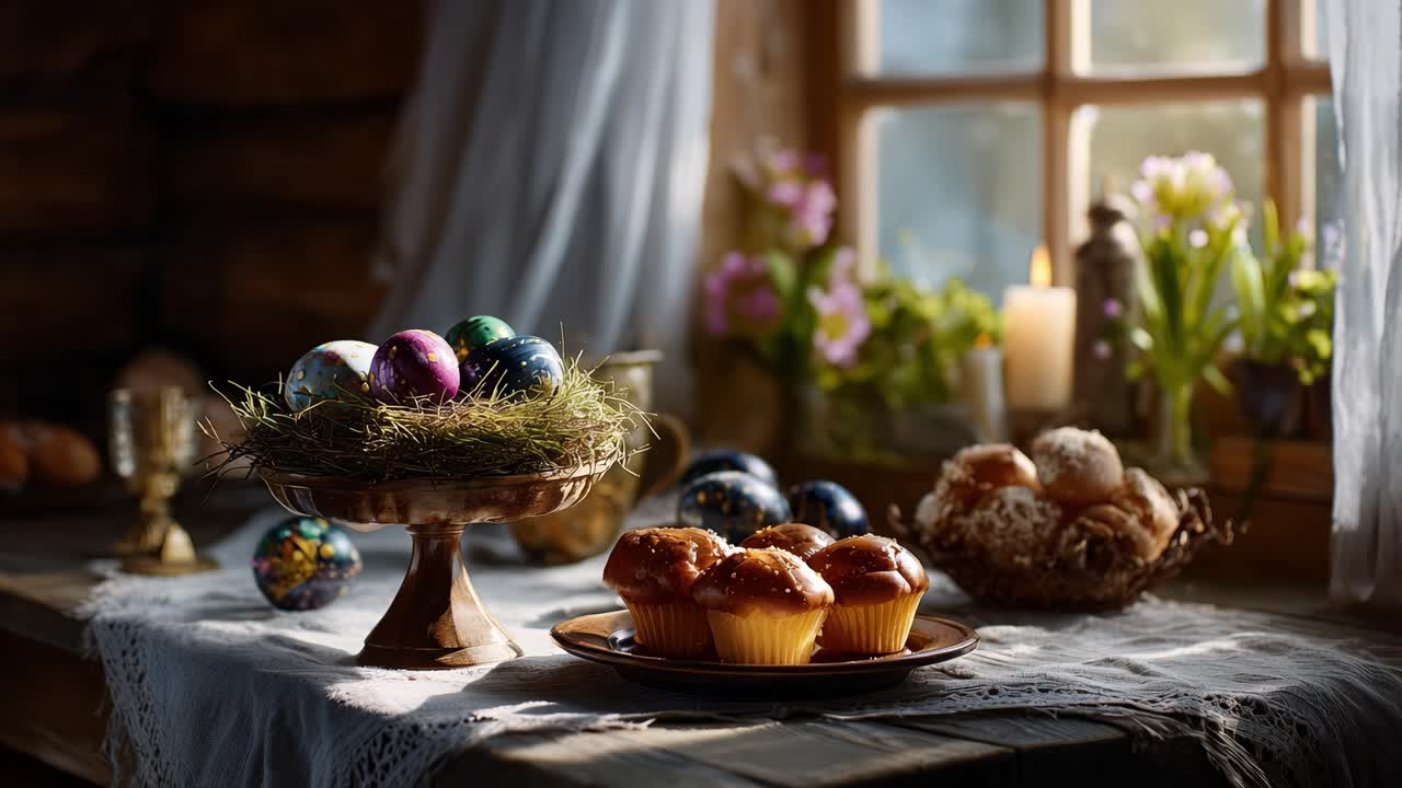 Colorful Easter Eggs Nestled Amongst Delicious Muffins and Decorative Elements on a Rustic Table by the Window, Showcasing a Cozy Spring Atmosphere