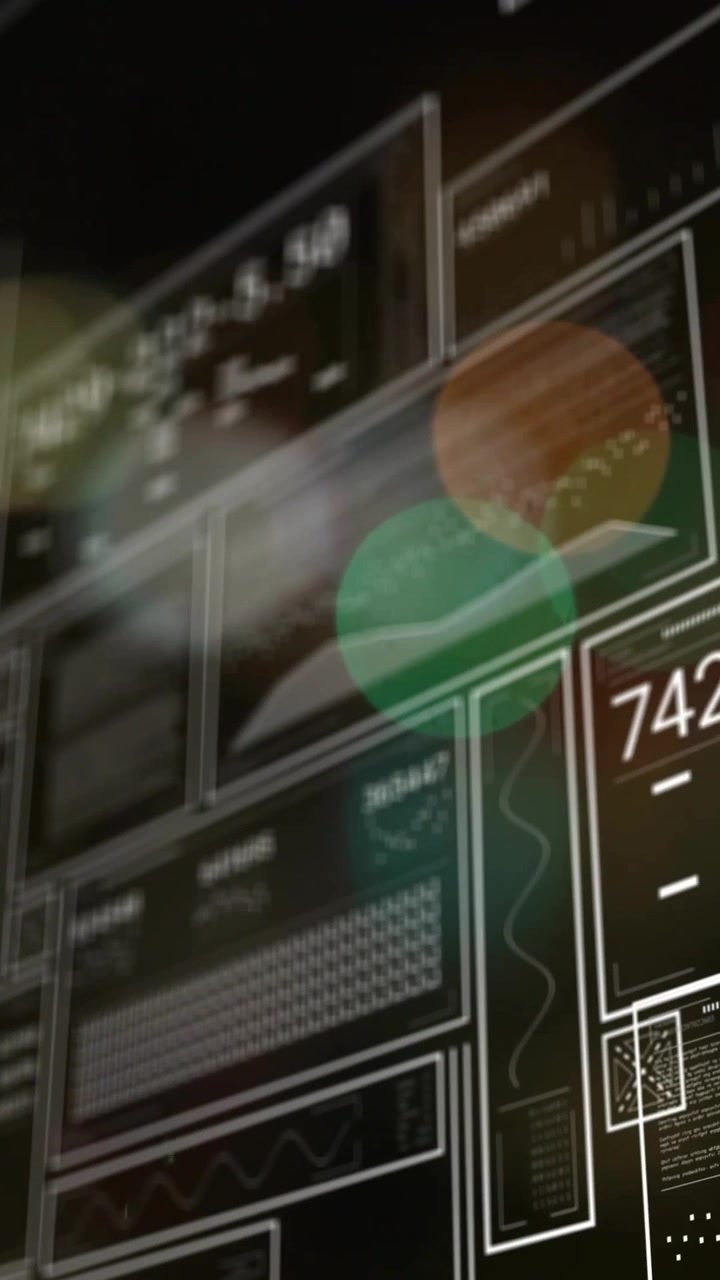 Animazione di elaborazione dati su sfondo bokeh nero