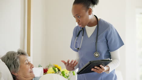 tablet, nurse and senior woman in bedroom