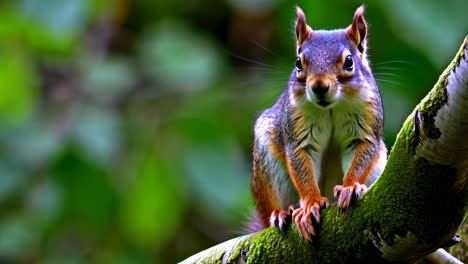 a squirrel perched on a mossy tree branch in a natural setting