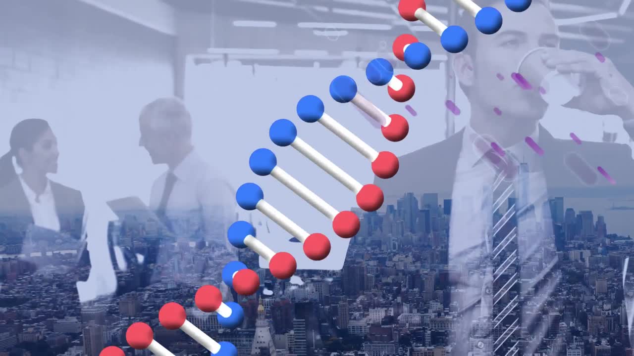 사업가 위에서 회전하는 dna 가닥의 애니메이션