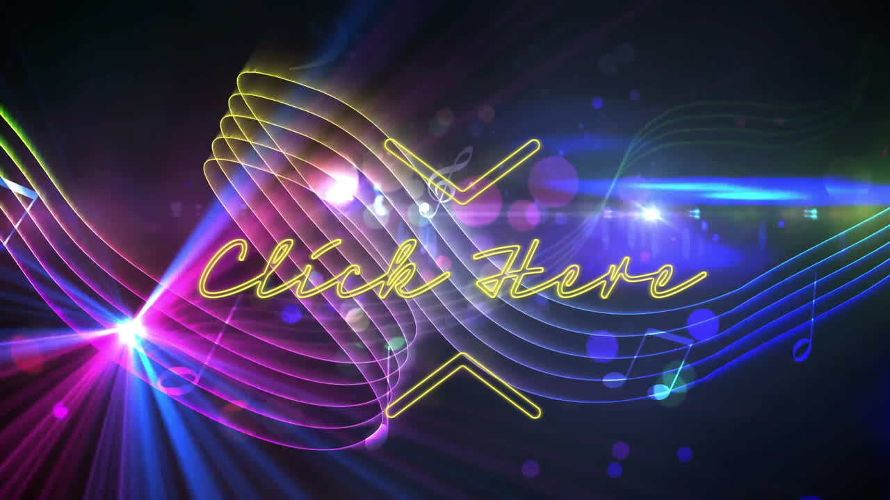 Animation of colorful neon Click Here text with abstract light patterns