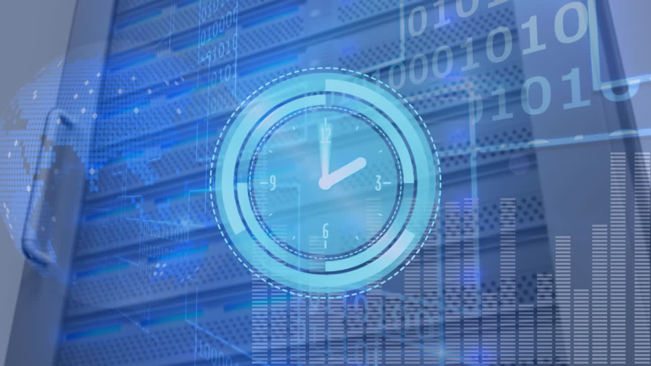 Animation of globe, moving clock and columns over server