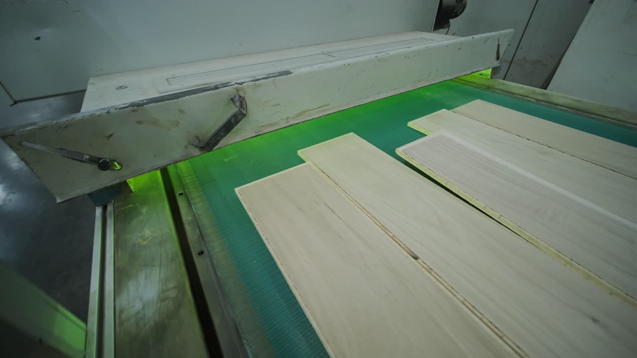 Wooden Planks Moving on Conveyor Belt in Factory