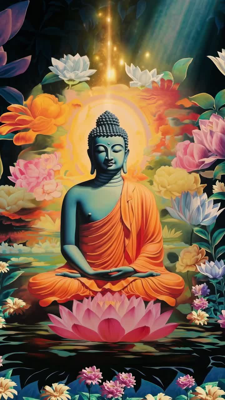 Fermo immagine video vibrante di un Buddha sereno in meditazione, circondato da fiori colorati.