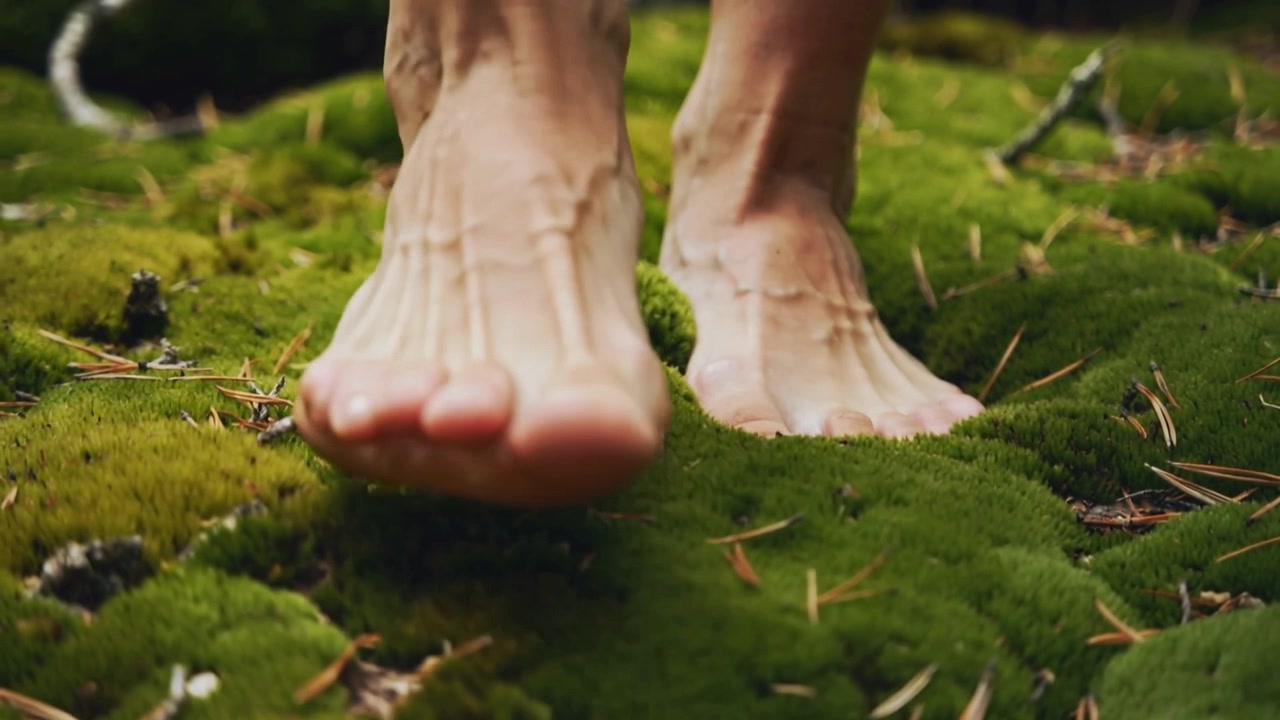 Starting barefoot adult walking slowly across forest moss, pressing toes and leaving imprints