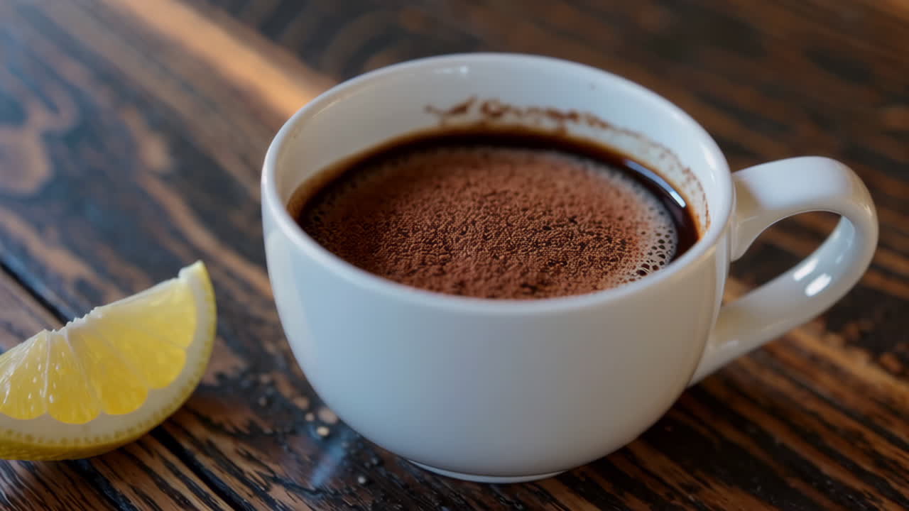 A cup of warm beverage topped with cocoa powder and a lemon wedge on a wooden table