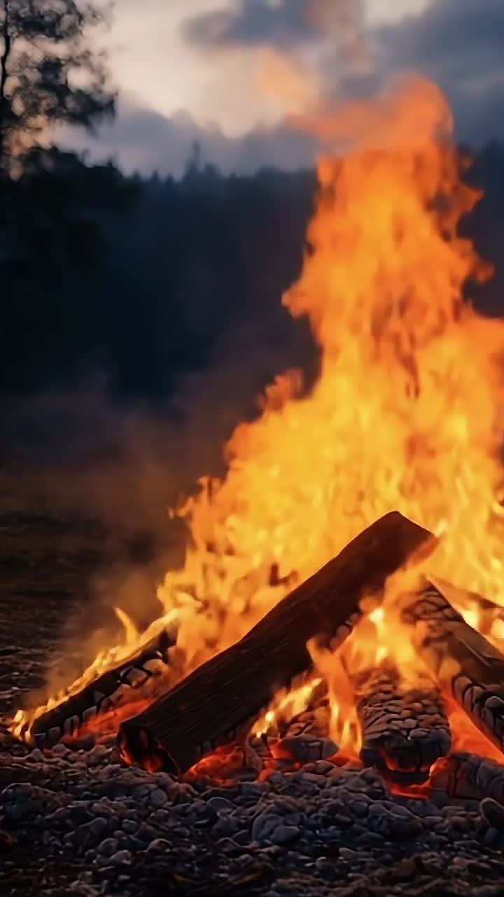 Evening campfire glowing in the forest. A large campfire crackles warmly, surrounded by trees at dusk, offering a cozy gathering spot for campers.