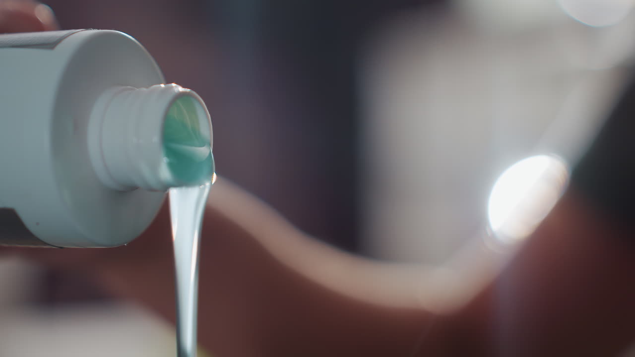 녹색 액체 옮기기, 점성 있는 녹색 액체를 붓는 모습 클로즈업, 병에서 목으로 천천히 흐르는 녹색 색조, 미용실 셋업 중 생생한 녹색 액체를 병에 정확하게 붓기
