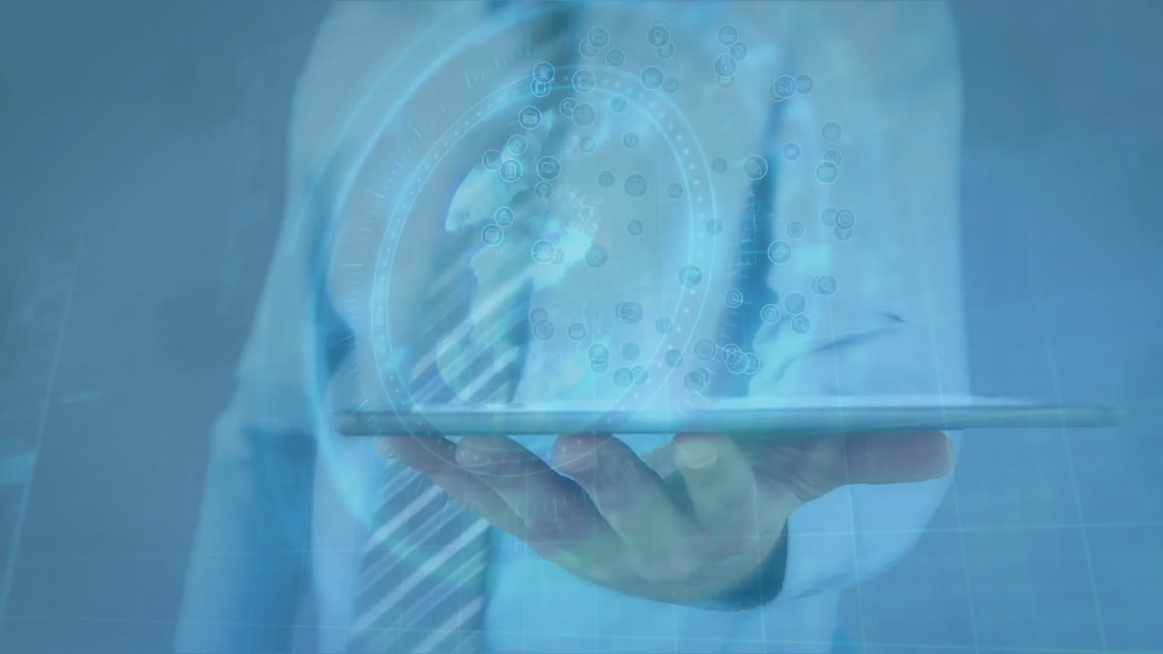 Holding tablet, businessman analyzing digital data with processing animation overlay