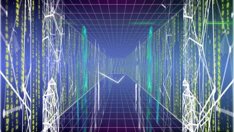 animación de codificación binaria y procesamiento de datos a través de una red de conexiones