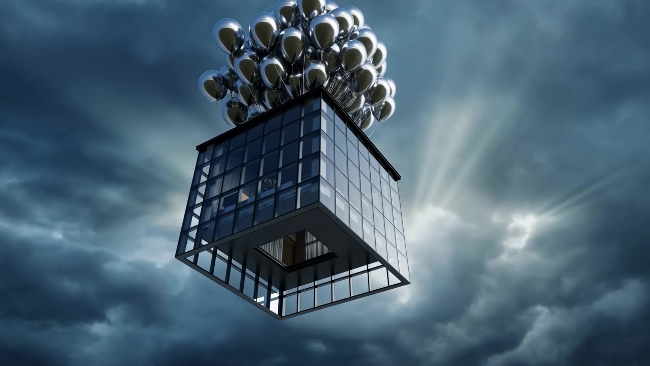 Cubo ufficio in vetro sospeso sopra la città, sostenuto da palloni cromati lucidi e compatti sotto nuvole tempestose blu-grigio, creando un contrasto surreale, superfici riflettenti, un'atmosfera architettonica moderna e aziendale.