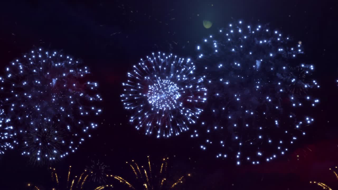 Abstract blur multicolored shiny fireworks with bokeh lights in night sky loop animation background