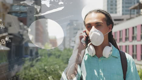 animación de estadísticas de covid-19 y procesamiento de datos, hombre con mascarilla hablando por teléfono en la calle