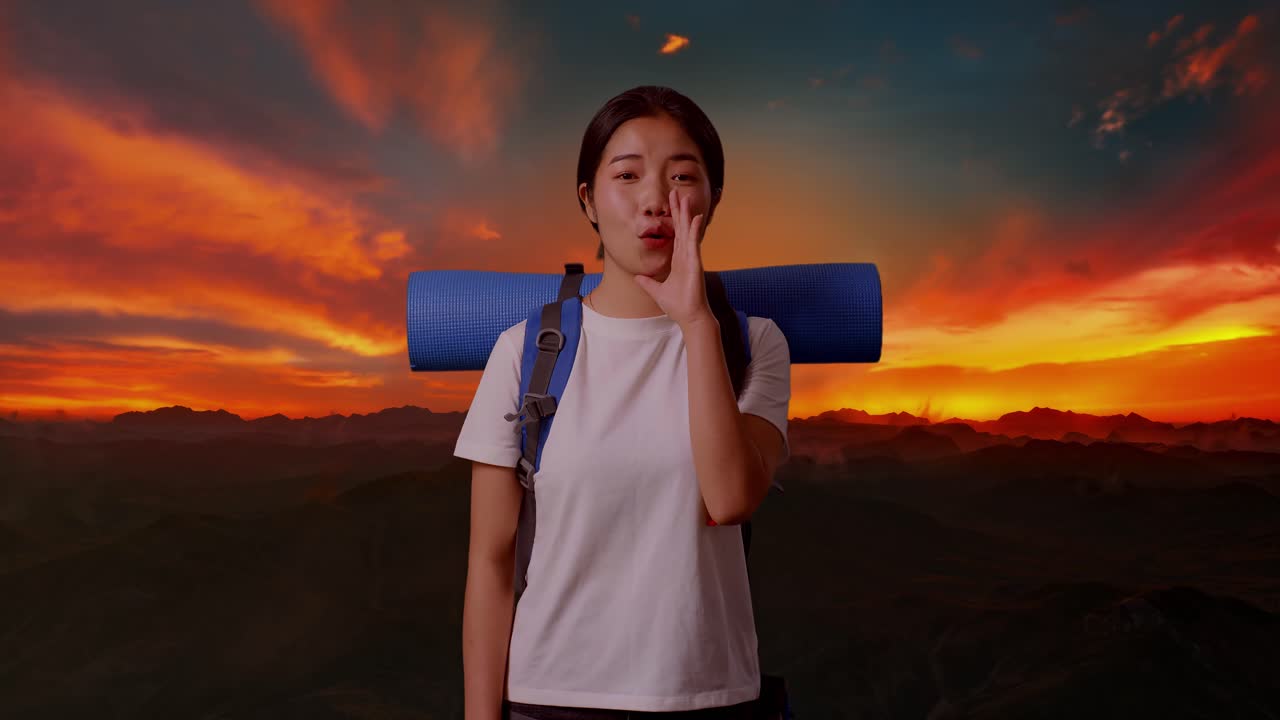 해가 지는 산에서 하이킹하는 여자