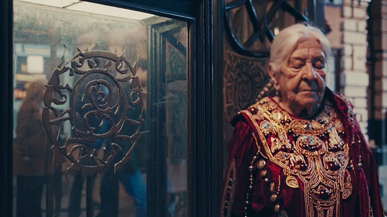 Elderly woman wearing a richly ornate dress stands gracefully beside an intricately designed door, embodying a scene filled with timeless elegance and an air of mystery