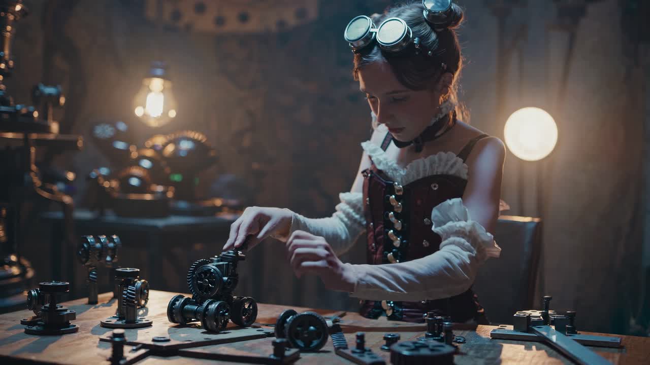 Mladá steampunková dívka hrající si s ozubenými koly