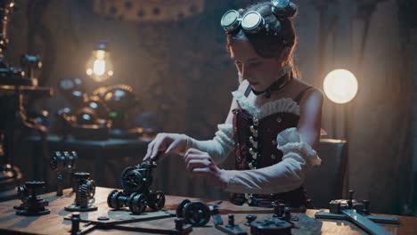 young steampunk girl playing with gears