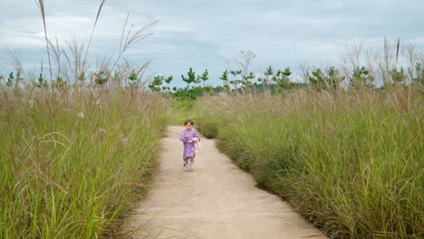 active little girl runs through reeds grass meadow caring plush bunny toy in hand